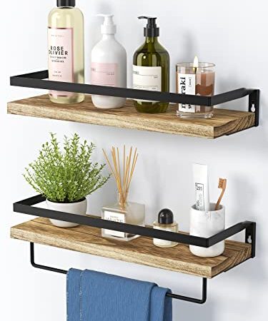 AMADA HOMEFURNISHING Rustic Floating Shelves Wall Mounted, Solid Metal with Removable Towel Holder, Wall Shelf Set of 2, 18kg Weight Capability, Storage Shelves for Kitchen, Bathroom,Laundry room etc