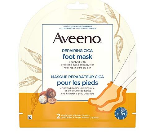 Aveeno Repairing CICA Foot Mask with Prebiotic Oat and Shea Butter, Dry Skin Moisturizer, 2 Single Use Slippers (1 pair)