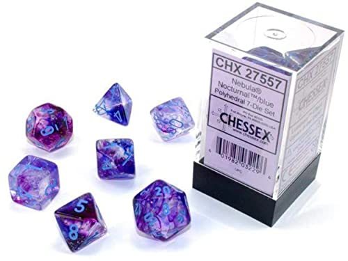 DND Dice Set-Chessex D&D Dice-16mm Nebula Nocturnal Blue Luminary Plastic Polyhedral Dice Set-Dungeons and Dragons Dice Includes 7 Dice - D4 D6 D8 D10 D12 D20 D% (CHX27557)