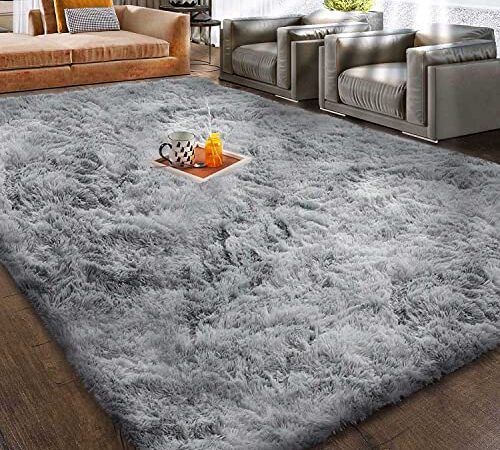 Leesentec Area Rug Super Soft Indoor Modern Shag Area Smooth Fur Fluffy Rugs Anti-Skid Shaggy Rugs for Living Room Dining Room Home Bedroom Carpet Floor (Gray White, 5.3‘*7.6‘（160*230cm)