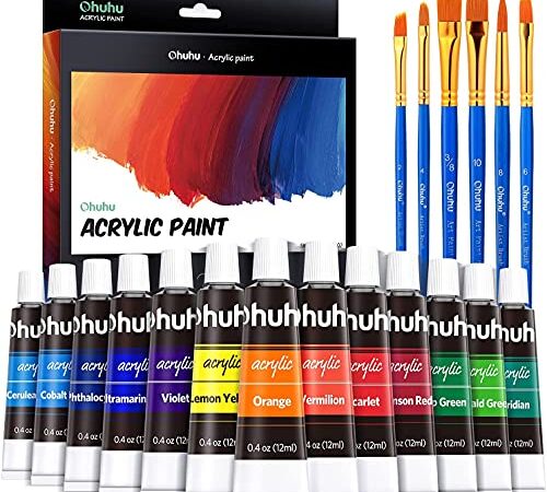 Ohuhu Complete Acrylic Paint Set, 24 Rich Pigment Colors, 6 x Art Brushes for Painting Canvas, Clay, Shoes, Ceramic Crafts, Non-Toxic Quick Dry for Kids And Adults DIY Craft Gifts Back to School