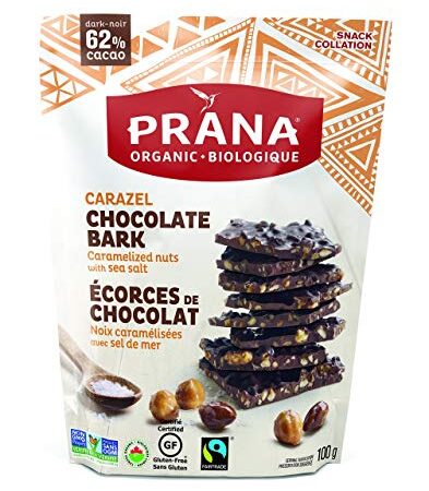 Prana Carazel Organic 62% Dark Chocolate Bark with Caramelized Nuts & Sea Salt | Non-GMO, Gluten Free, Fair Trade Certified | 100g