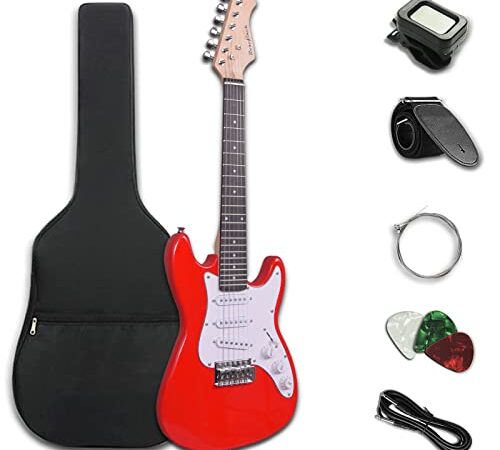 Rosefinch 30 Inch Kids Electric Guitar ST Style with Digital Tuner, Strings, Picks, Shoulder Strap, and Bag Complete Beginner Starter kit Pack 3/4 Size(30" Red)