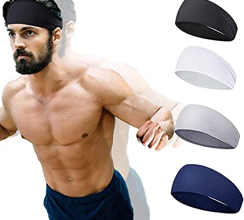 Sports Headbands for Men and Women (4 Pack) - Lightweight Sweat Band Moisture Wicking Workout Sweatbands for Running, Cross Training, Yoga and Bike,Unisex Hairband- NO Slip Sport Sweatbands & Sweat Wicking Athletic Head Wrap Bands Fit Over Hair