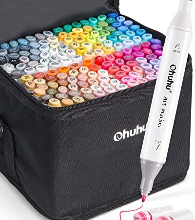 160 Color Alcohol Art Markers Set, Ohuhu Dual Tips (Fine & Chisel) Coloring Permanent Marker Pens for Kids, Alcohol-based Drawing Markers for Sketch Adult Coloring, 160 Colors+1 Colorless Blender Gift Idea Halloween