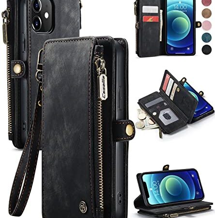 Defencase iPhone 12 Case, iPhone 12 Pro Case Wallet for Women Men with Card Holder, Durable PU Leather Magnetic Flip Closure Wristlet Strap Zipper Wallet Phone Case for iPhone 12/12 Pro [6.1"], Black