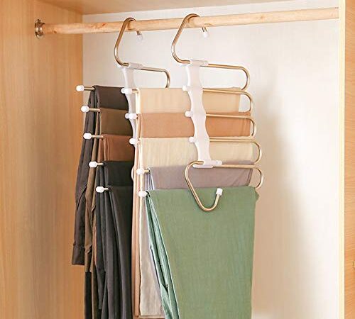 DZOMK Pants Hanger 5 Layers Foldable Stainless Steel Hangers ,Space Saving Pants Hangers Closet Storage Organizer for Jeans Trousers Pants Skirts Scarf (2 Pack)