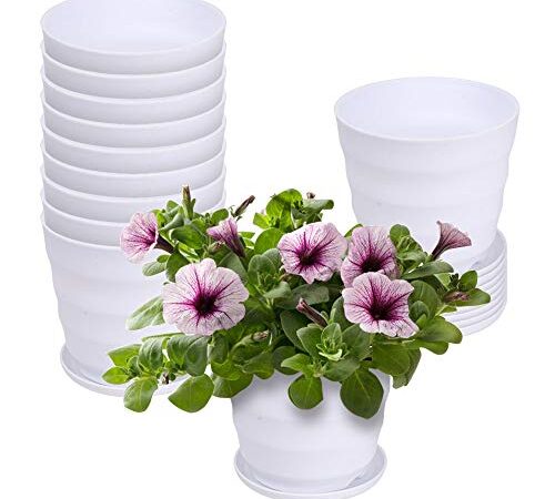 E-KNOW Flower Pots, Indoor Plant Pots Set of 12, Planter Pots with Drainage Hole and Tray, White Plastic Plant Pots for Indoor Outdoor, 4.5 inch