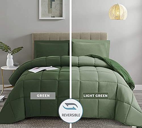 HIG 3pc Green Down Alternative Comforter Set Queen Size - All Season Reversible Comforter with Two Shams - Quilted Duvet Insert with Corner Tabs - Box Stitched - Breathable, Soft, Fluffy