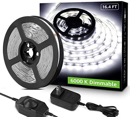 Lepro LED Strip Lights, 16.4ft 12V Dimmable Strip Lights, 6000K Daylight White, 300 Units 2835SMD LEDTape Light for Home, Kitchen, Bedroom, Car and More, Non Waterproof, Power Adapter Included