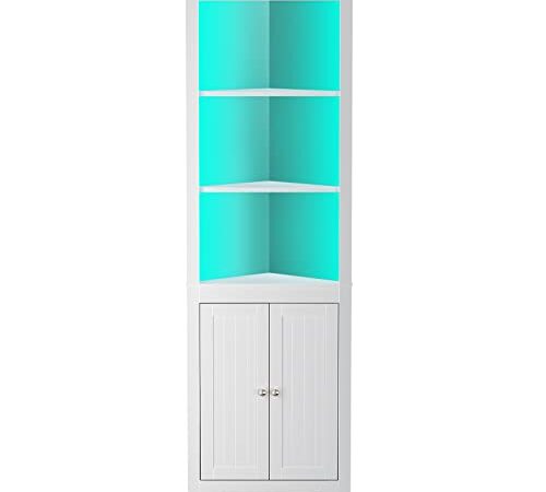 Rolanstar Corner Shelf 5-Tier with LED Light, 66.92" Tall Corner Storage Cabinet with Doors, White Corner Bookshelf Stand Display Rack for Living Room, Home Office, Kitchen, Bar, Small Space