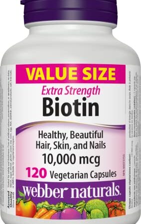 Webber Naturals Biotin Extra Strength 10,000 mcg, 120 Capsules, Supports Healthy Hair, Skin & Nails, Energy Metabolism, Vegan