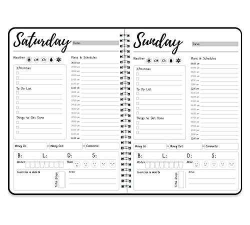 Work Planner - Daily & Weekly Spiral Planner with Hourly Schedules, To Do List, Tasks, Expense tracker, Undated 7 Days Planner Start Anytime, Self-Care Calendar for Organizing Meals, Water Take-in, Mood, Exercise & Health, Flexible PVC Waterproof Cover, 10 x 7.3 inches