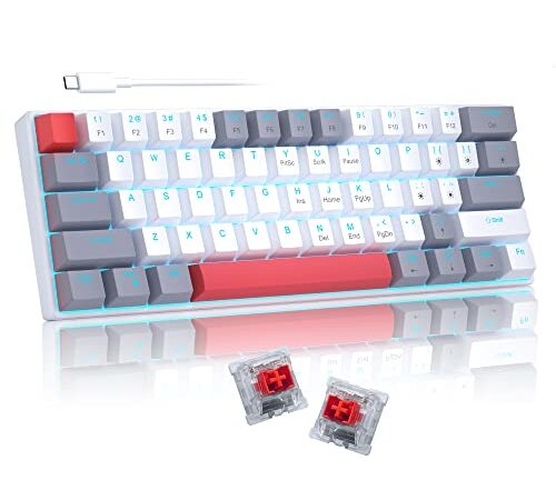 60% Mechanical Gaming Keyboard,Grey&White Gaming Keyboard with Hot Swappable Linear Red Switches,Wired Detachable Type-C Cable Mini Keyboard with Powder Blue Backlight for Windows/Mac/PC/Laptop