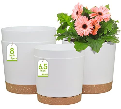 6.5 and 8 Inch Plant Pot, 4 Pcs Self Watering Plastic Planter with Saucers Trays and Drainage Hole, Modern Decorative Flower Pot Plant Container for Indoor Outdoor Home Garden Plant, White