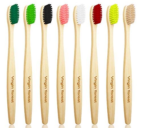 Bamboo Toothbrushes, Wooden Toothbrushes, Biodegradable Eco Friendly Vegan Natural Organic Bamboo Charcoal Tooth Brush, Set of 8 Color of Medium Soft Bristles