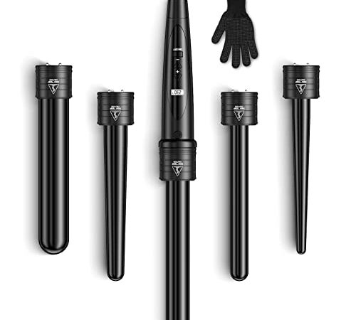 Curling Wand Iron Set, 5 in 1 Instant Heat Up Hair Curler with 0.35 to 1.25 Inch Interchangeable Ceramic Barrels Temperature Control Heat Protective Glove Black