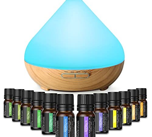 Essential Oil Diffuser & Top 12 Essential Oils Set, 300ml Aromatherapy Diffuser with 3 Timer & 7 Ambient Light Settings, Ultrasonic Diffusers for Essential Oils for Home -Lavender, Lemon and More (Garlic)