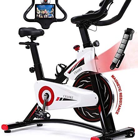 Exercise Bike Stationary, CHAOKE Indoor Cycling Bike with Quieter Heavy Flywheel Magnetic Resistance, Comfortable Seat Cushion, Silent Belt Drive, iPad Holder and LCD Monitor 2022 Upgraded Version