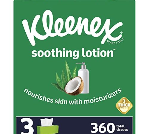 Kleenex Soothing Lotion Facial Tissues with Coconut Oil, Aloe & Vitamin E, 3-Ply, 3 Flat Boxes, 120 Tissues per Box (360 Tissues Total), White