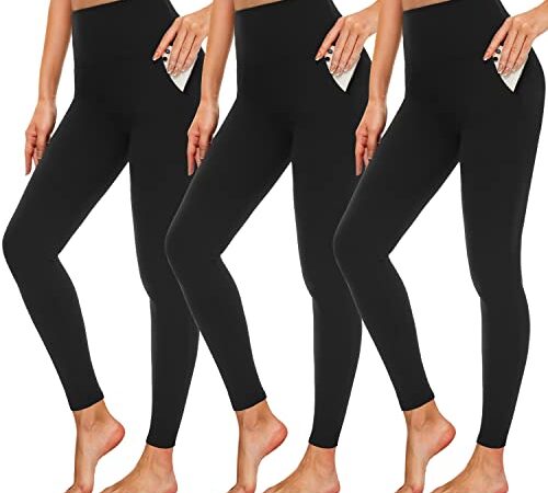 MOREFEEL 3 Pack Leggings with Pockets for Women,High Waisted Tummy Control Workout Yoga Pants (Large-X-Large, 3 Pack-Black/Black/Black)