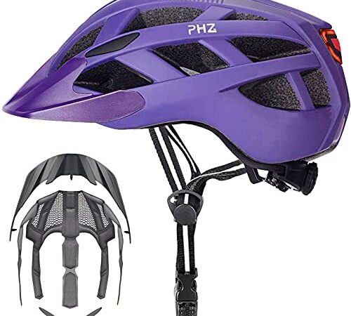 PHZ Adult Bike Helmet with Rechargeable Led Back Light/Two Detachable Visor Ideal for Road Ride Mountain Bike Bicycle for Men and Women (Purple, L(22.8-24.01 in/59-61cm) a)