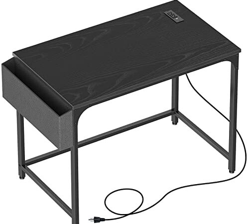 Rolanstar Small Computer Desk, Home Office Writing Desk with Power Outlet,Study Table with Side Storage Bag and Iron Hooks, Workstation, Modern Simple Style, Stable Metal Fram,Black,39"