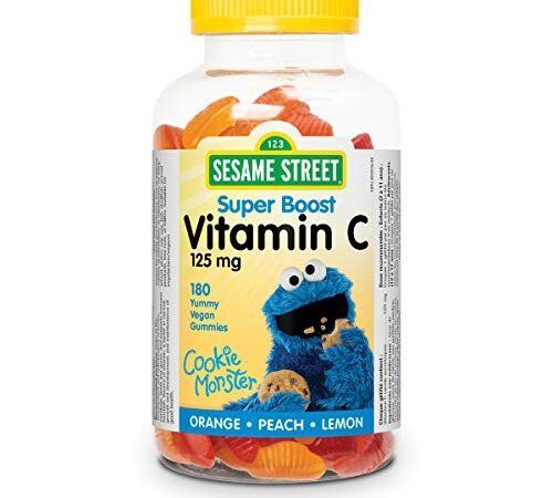 Sesame Street Super Boost Vitamin C Kids Gummy by Webber Naturals, 180 Gummies, Free of Dairy, Gelatin, Peanut and Gluten, 125 mg of Vitamin C Per Gummy, For Children Age 3 and Up