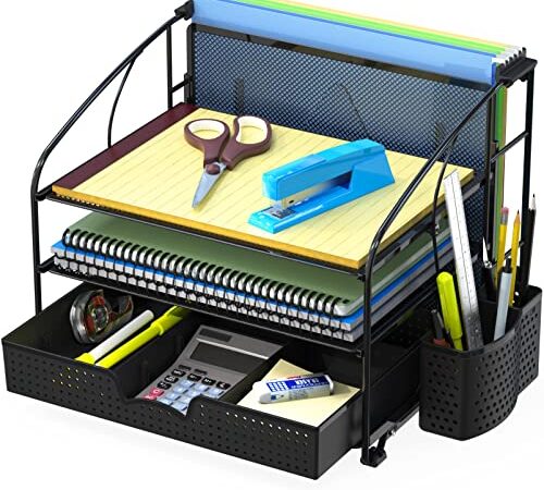 SimpleHouseware Desk Organizer 3 Tray w/Sliding Drawer and Hanging File Holder, Black