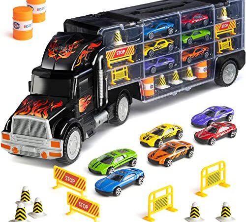 Toy Truck Transport Car Carrier - Toy Truck Includes 6 Toy Cars and Accessories - Toy Trucks Fits 28 Toy Car Slots - Great car Toys Gift for Boys and Girls - Original - by Play22