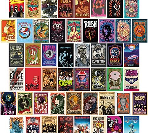 Waschbär 50PCS Vintage Rock Wall Collage Kit, Band Posters, Music Posters, Poster for Room Aesthetic 90s, Grunge Room Decor, Vintage Room Decor, Nirvana Poster, Posters for Room Aesthetic Vintage, Queen Poster, Retro Room Decor, 70s decor