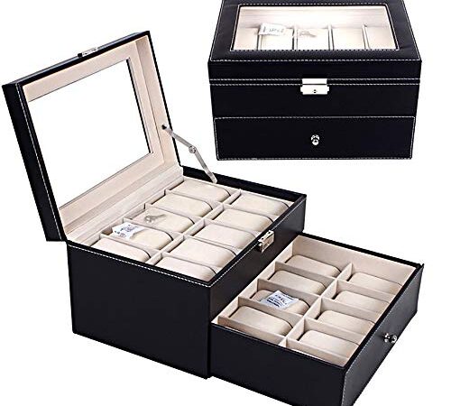 Watch Box, FOME 20 Slots PU Leather Double Layer Storage Organizer for Watch Lockable Watch Box Jewelry Display Box with 20 Removable Pillows Framed Glass Lid for Men Women