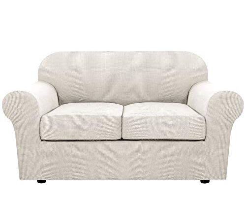 3 Piece Stretch Sofa Covers for 2 Cushion Couch Loveseat Covers for Living Furniture Slipcovers (Base Cover Plus 2 Seat Cushion Covers) Feature Upgraded Thicker Jacquard Fabric (Loveseat, Ivory White)