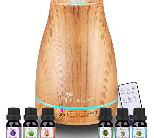 Diffuserlove Essential Oil Diffuser 200ML Ultrasonic Wood Grain Aroma Diffuser Mist Humidifiers with 7 Color LED Lights and Auto Shut-Off for Bedroom Office Room House