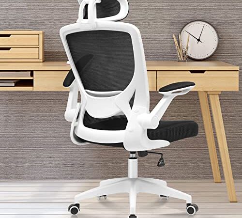 Ergonomic Office Chair, KERDOM Breathable Mesh Desk Chair, Lumbar Support Computer Chair with Wheels and Flip-up Arms, Headrest Swivel Task Chair, Adjustable Height Home Gaming Chair (White, 9060H)