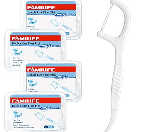 FAMILIFE Dental Floss Picks, Double Line Flossers 200 Count, Unwaxed Flossing Thinner and Tougher Unflavored Threader Flosser with 4 Travel Cases