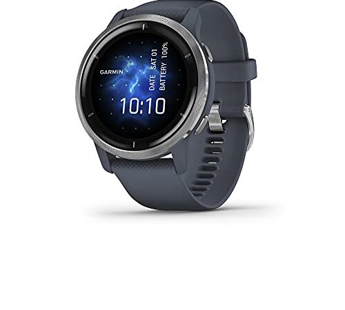 Garmin Venu 2, GPS Smartwatch with Advanced Health Monitoring and Fitness Features, Silver Bezel with Granite Blue Case and Silicone Band, (010-02430-00)