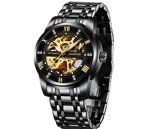 Men's Watch Black Luxury Mechanical Stainless Steel Skeleton Waterproof, Self-Winding Roman Numerals Diamond Dial Wrist Watch