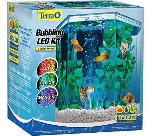 Tetra Aquarium Kit, 1 Gallon Hexagon Shaped Fish Tank, Includes LED Colour Changing Bubbling Effect