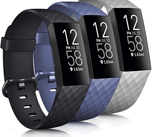 Tobfit Band Compatible with Fitbit Charge 4 Bands & Fitbit Charge 3 Bands, Classic Sport Wristbands Accessory Small Large Adjustable Replacement Strap for Fitbit Charge 4 & Fitbit Charge 3 & Fibit Charge 3 SE Fitness Tracker (3 PCS-05 Black+Navy blue+Grey, Large)