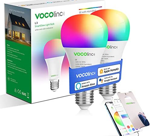 VOCOlinc Smart Light Bulbs,A21 White & RGBW Ambiance LED Smart Bulb,WiFi Smart Bulbs Work with Alexa Google Home & Apple HomeKit,E26 9.5W 850LM 60W Equivalent No Hub Required 2.4GHz Only(2PACK)