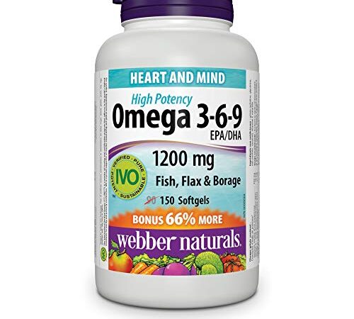 Webber Naturals Omega 3-6-9 1,200 mg Fish Oil, 150 Softgels, Supports Cardiovascular Health and Brain Function