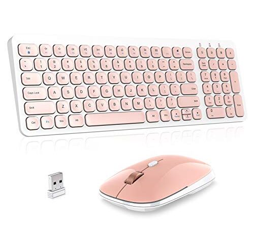 Wireless Keyboard Mouse Combo, cimetech Compact Full Size Wireless Keyboard and Mouse Set Less Noise Keys 2.4G Ultra-Thin Sleek Design for Windows, Computer, PC, Notebook, Laptop (Bright Pink)