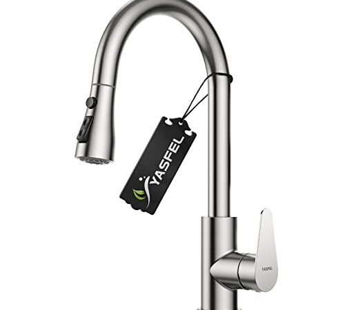 YASFEL Kitchen Faucet with Pull Down Sprayer - Robinet De Cuisine, Single Handle High Arc Pull Down Kitchen Tap, Modern Kitchen Sink Faucets Brushed Nickel, SUS 304