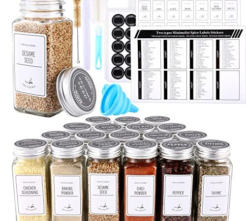 18 Pcs Spice Jars with 198 Spice Labels Stickers - 4oz Empty Square Spice Bottles, Glass Jars Containers with Lids, Chalk, 2 Brushes and Foldable Silicone Funnel Great for Spice & herb…