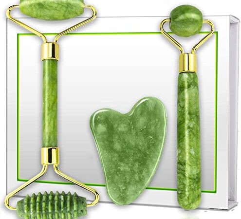 (3 pcs) Jade Roller & Gua Sha Facial Tool - Facial Roller Massage set, Guasha Roller Skin Care Tools, Green Quartz Massager for Face, Eyes, Neck, Body Muscle Relaxing and Relieve Fine Lines and Wrinkles