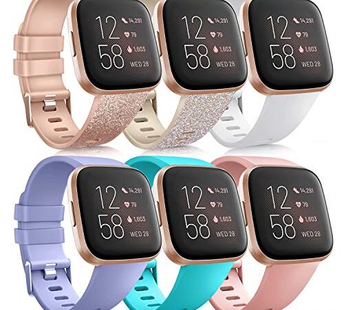 6 Pack Sport Bands Compatible with Fitbit Versa 2 / Fitbit Versa / Versa Lite / Versa SE, Classic Soft Silicone Replacement Wristbands for Fitbit Versa Smart Watch Women Men (Small, 6 Pack(Glistening Rose Gold/Glistening Champagne Gold/White/Lavender/Teal/Peach))