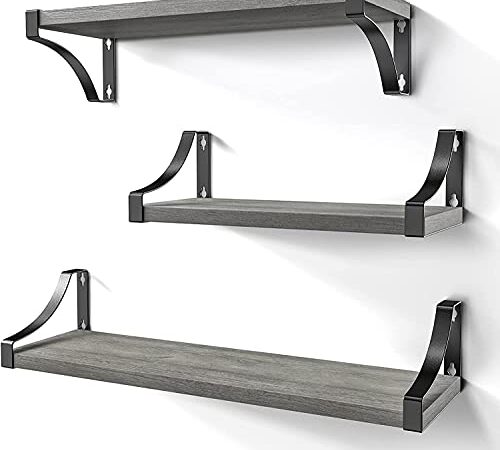 Amada Floating Shelves Wall Mounted, Rustic Paulownia Wood Wall Shelves Set of 3 for Bedroom, Bathroom, Living Room, Farmhouse Kitchen, Grey-AMFS03