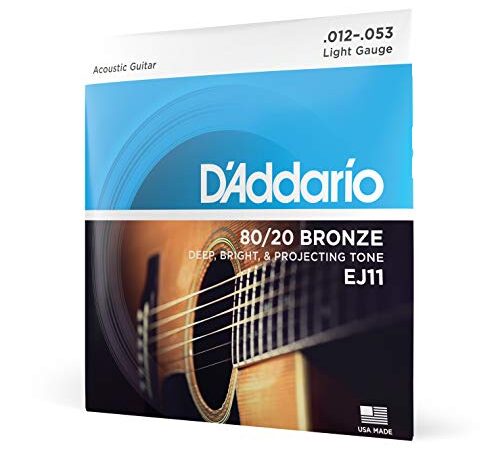 D'Addario Guitar Strings - Acoustic Guitar Strings - 80/20 Bronze - For 6 String Guitar - Deep, Bright, Projecting Tone - EJ11 - Light, 12-53