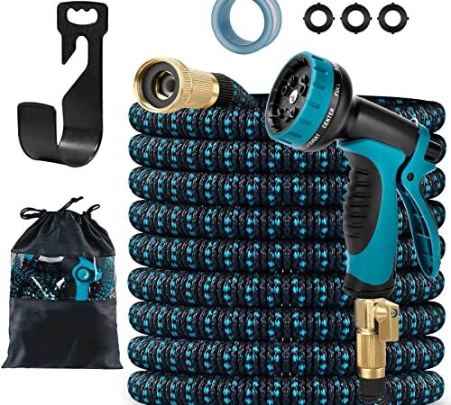 Expandable Garden Hose 100FT with 10 Function Nozzle and 3/4 inch Solid Brass Fittings Durable 3-Layers Latex Lightweight & No-Kink Flexible Water Hose